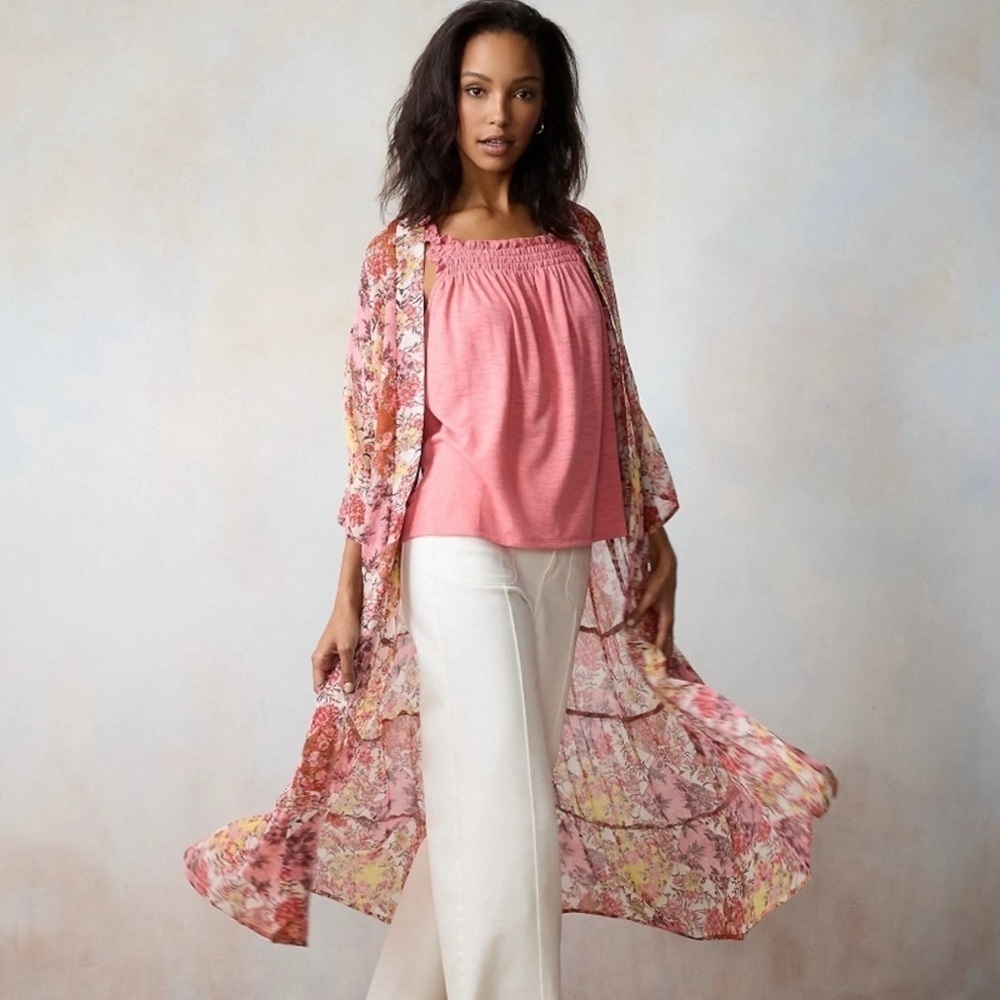 LC Lauren‎ Conrad Bohemian Boho Ruana kimono duster cover up tiered white lotus